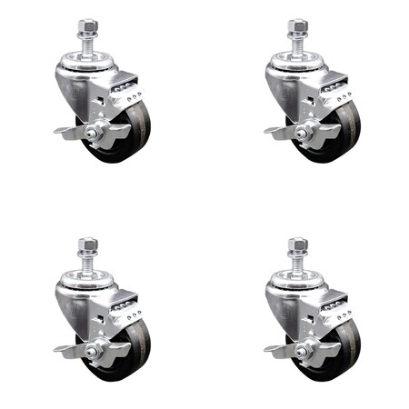 Service Caster 3.5 Inch SS Phenolic Wheel Swivel 12mm Threaded Stem Caster Set Brake SCC SCC-SSTS20S3514-PHS-TLB-M1215-4